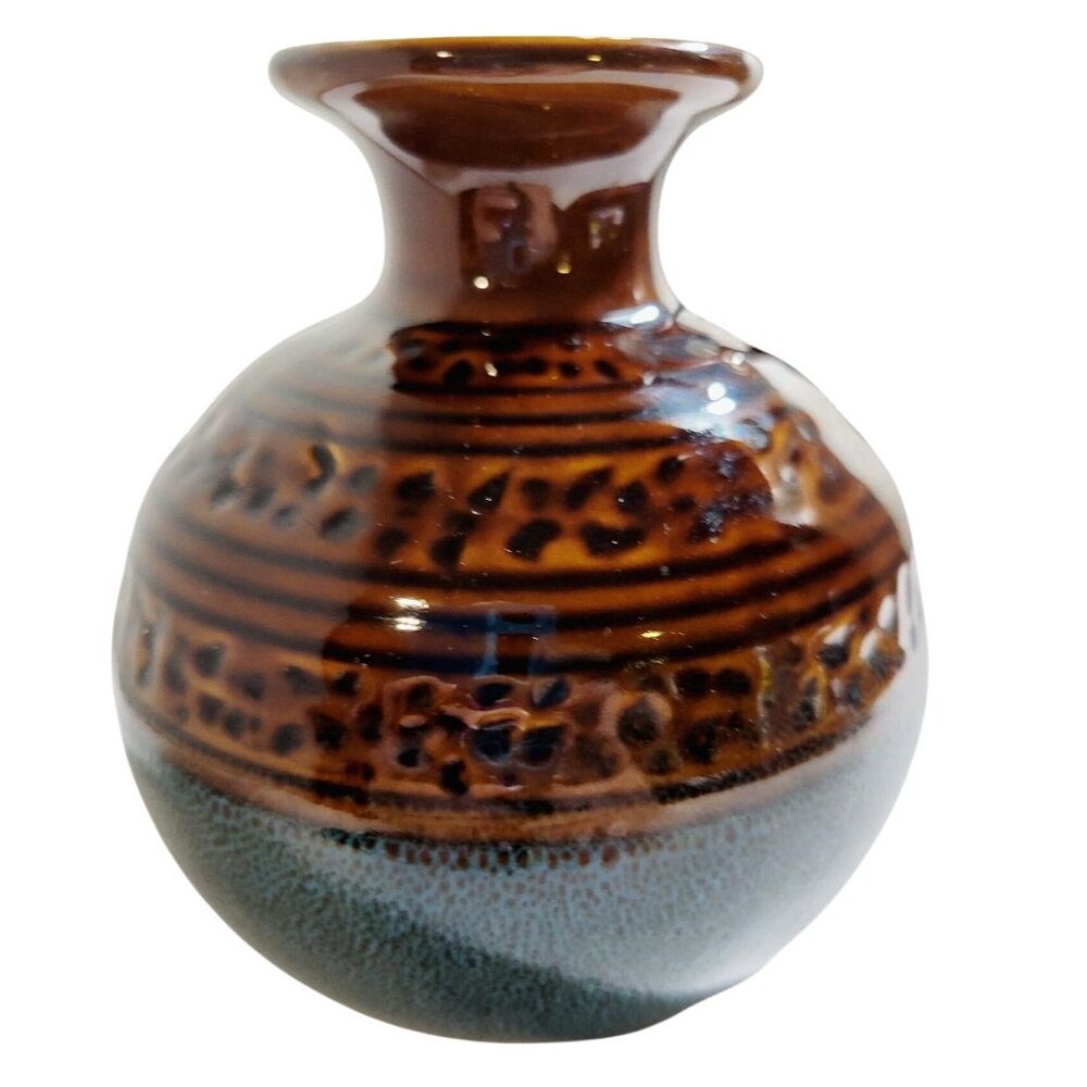Vintage Studio Art Pottery Bud Vase Ombre Brown Blue Short with Rustic Earthy Bo